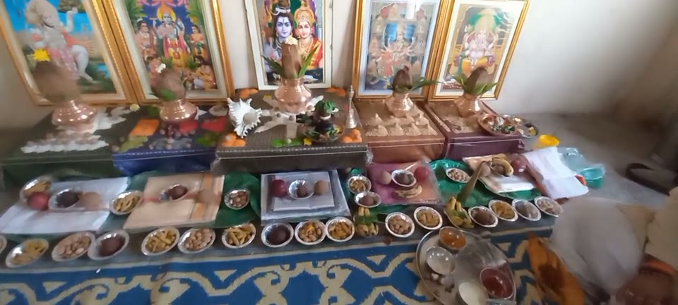 Complete puja samagri arranged before the sankalp