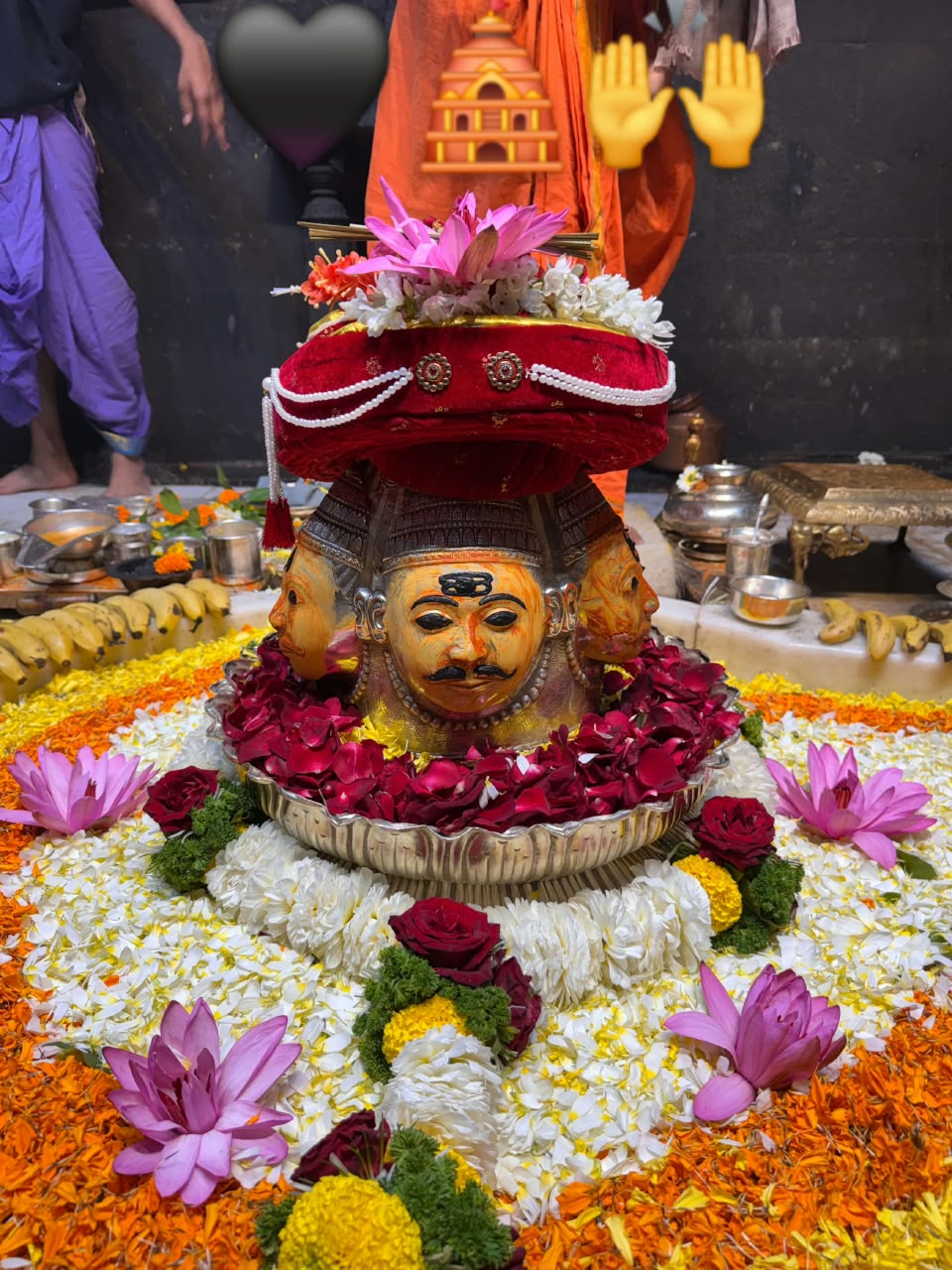 Baba Trimbakeshwar Nath seated among lotus, rose and banana offerings
